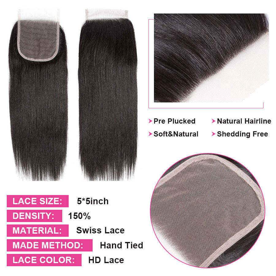 HD 5x5 Inch Lace Closure Straight Undectable Invisible Lace