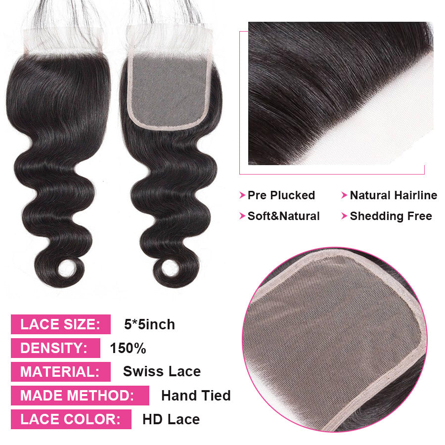 HD 5x5 Inch Lace Closure Body Wave Undectable Invisible Lace