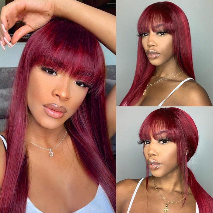 Withme Hair #99J Color Machine Made Wig With Bang Body Wave