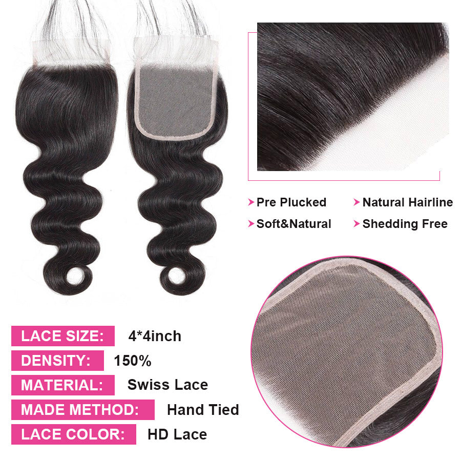 HD 4x4 Inch Lace Closure Body Wave Undectable Invisible Lace