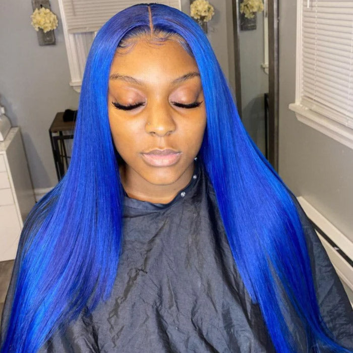 Light Blue Color Straight Human Hair Lace Wigs Pre Plucked With Baby Hair