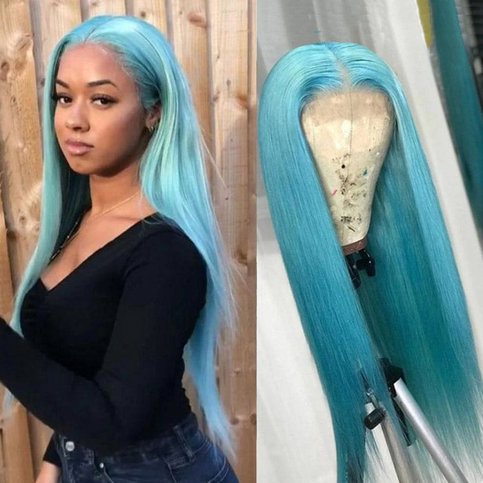 Lake Brilliant Blue Color Straight Human Hair Lace Wigs Pre Plucked With Baby Hair