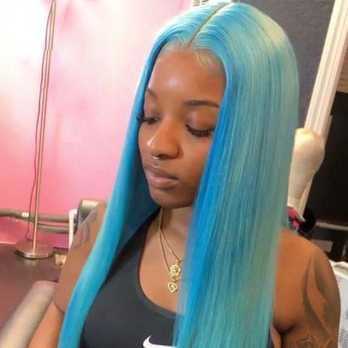 Lake Brilliant Blue Color Straight Human Hair Lace Wigs Pre Plucked With Baby Hair