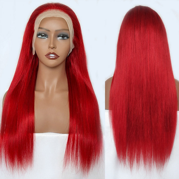 Red Color Human Hair Lace Frontal Wig Straight Wave Pre Plucked With Baby Hair