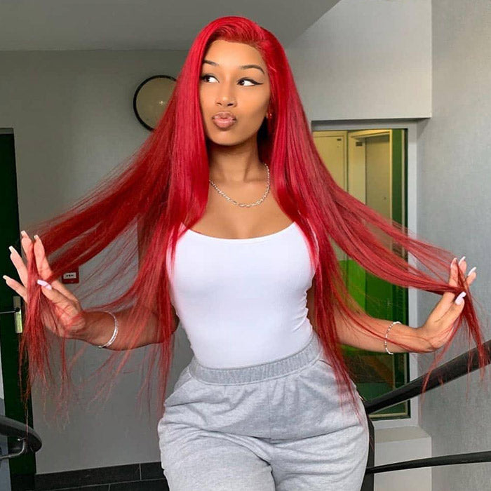 Red Color Human Hair Lace Frontal Wig Straight Wave Pre Plucked With Baby Hair