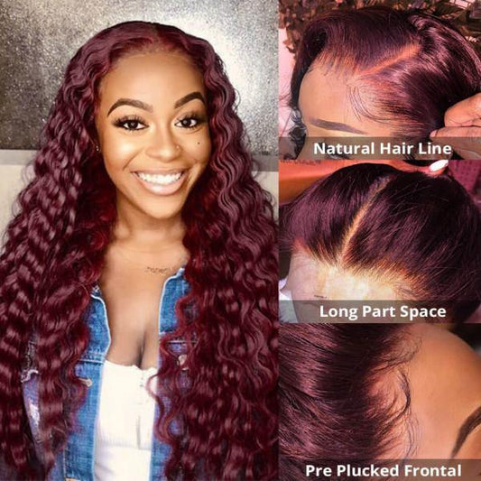 Withme Hair #99J Burgundy Color 13x4 Lace Frontal Wig Curly Wave Human Hair Wigs - Withme Hair